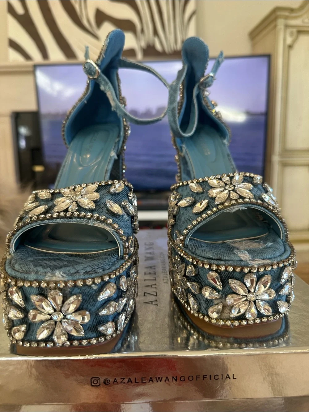 Denim Blue Crystal Floral Platform Sandals